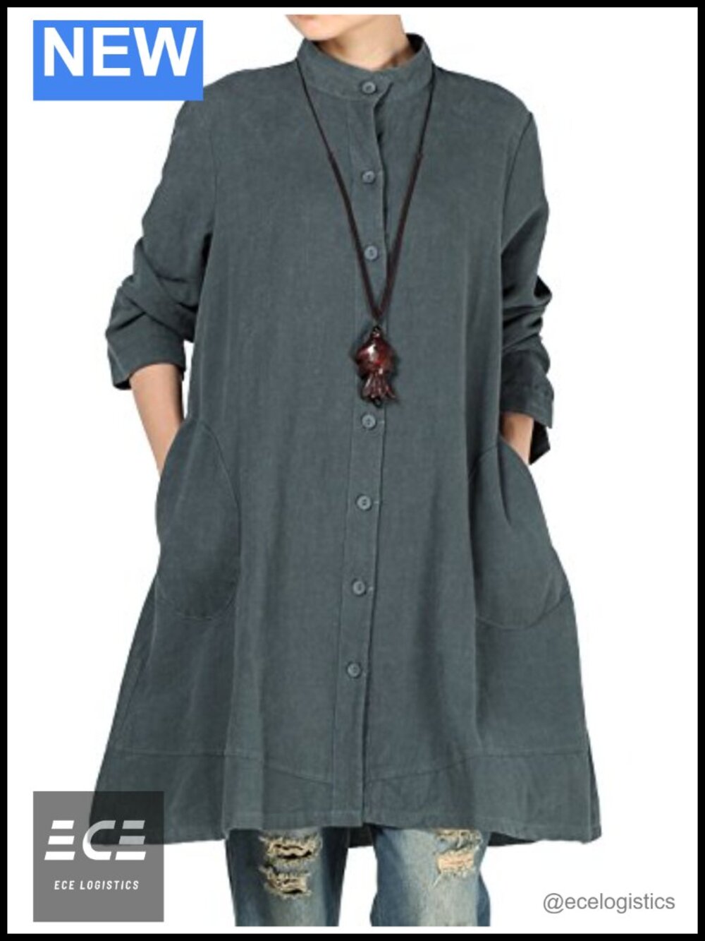 Cotton Linen Button Down Shirt Stand Collar A-Line Tunic with Pockets